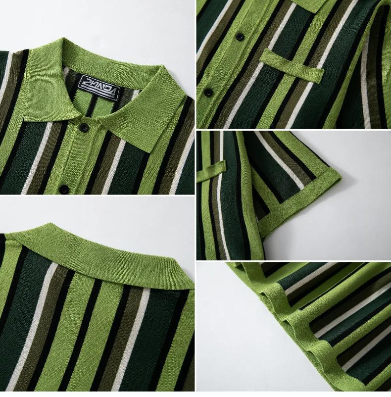 KZZ Men's Summer Casual Knitted Cardigan-Style Polo Shirt — Short Sleeve, Turn-down Collar, Striped