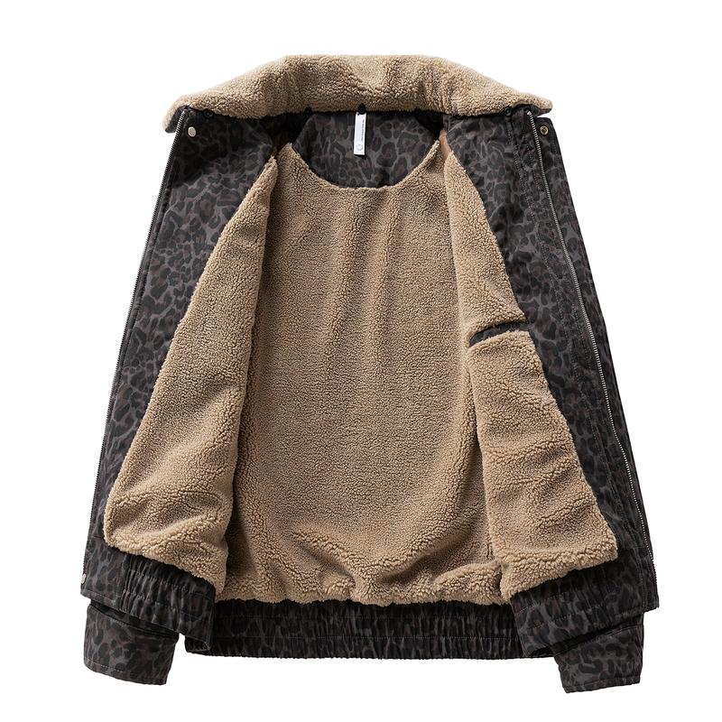 KZZ Vintage Leopard Print Lapel Fleece Lined Warm Jacket