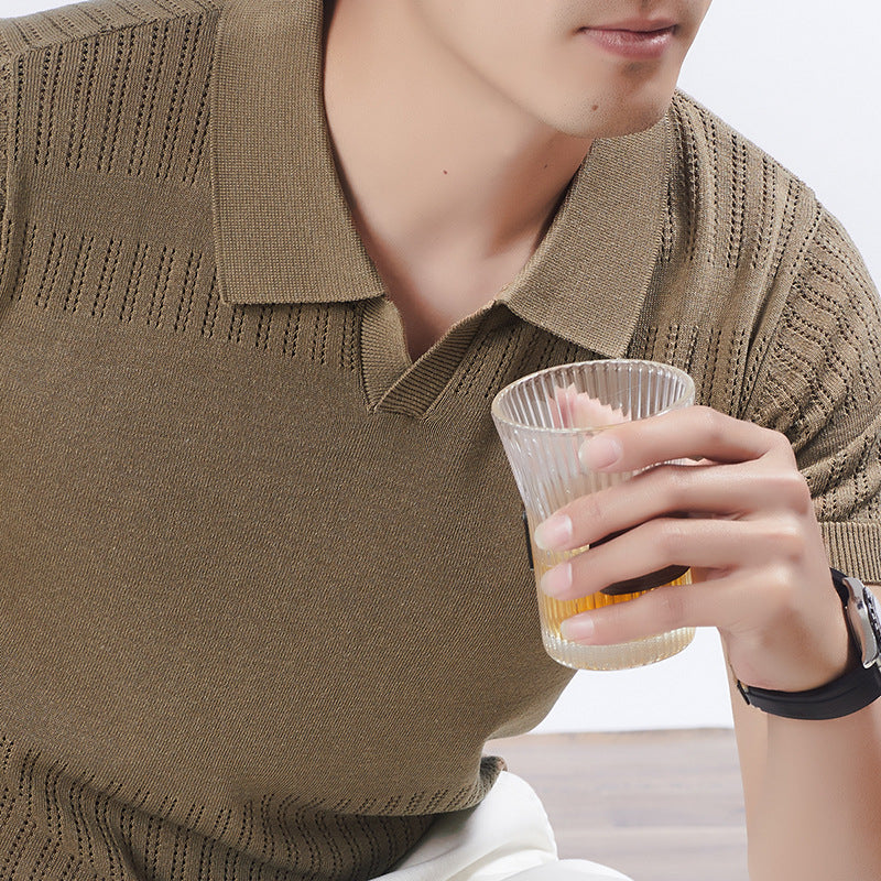 KZZ Summer Solid-Color V-Neck Short-Sleeve Polo Shirt