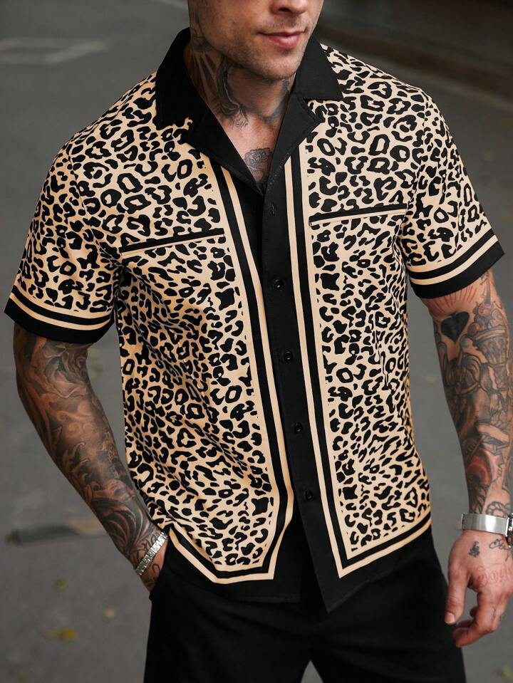 KZZ Men's Casual Short-Sleeve Shirt with Leopard Print Color-Blocking and Spread Collar