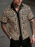 KZZ Men's Casual Short-Sleeve Shirt with Leopard Print Color-Blocking and Spread Collar