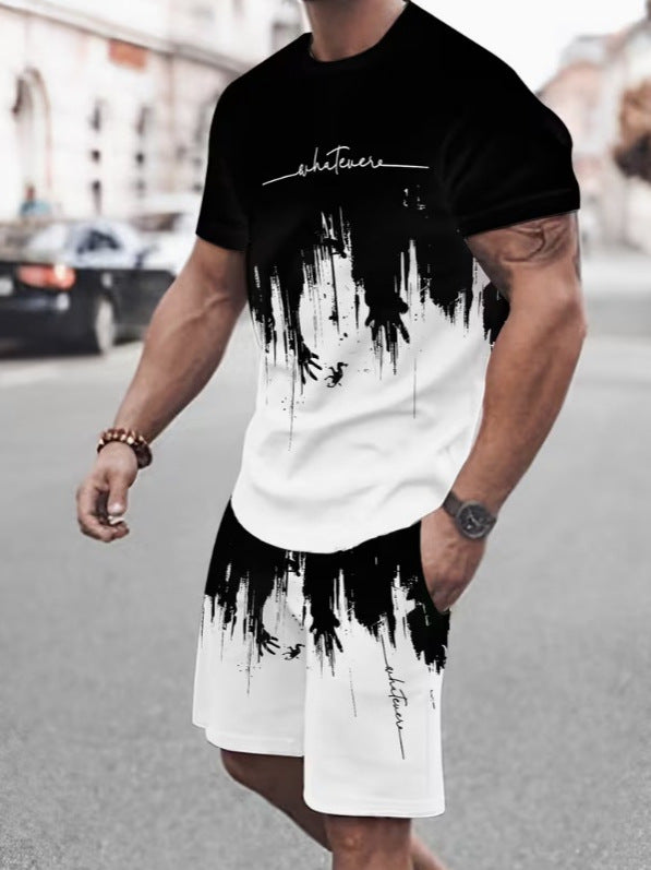 KZZ Men's Geometric Print Short-Sleeve T-Shirt and Athletic Shorts