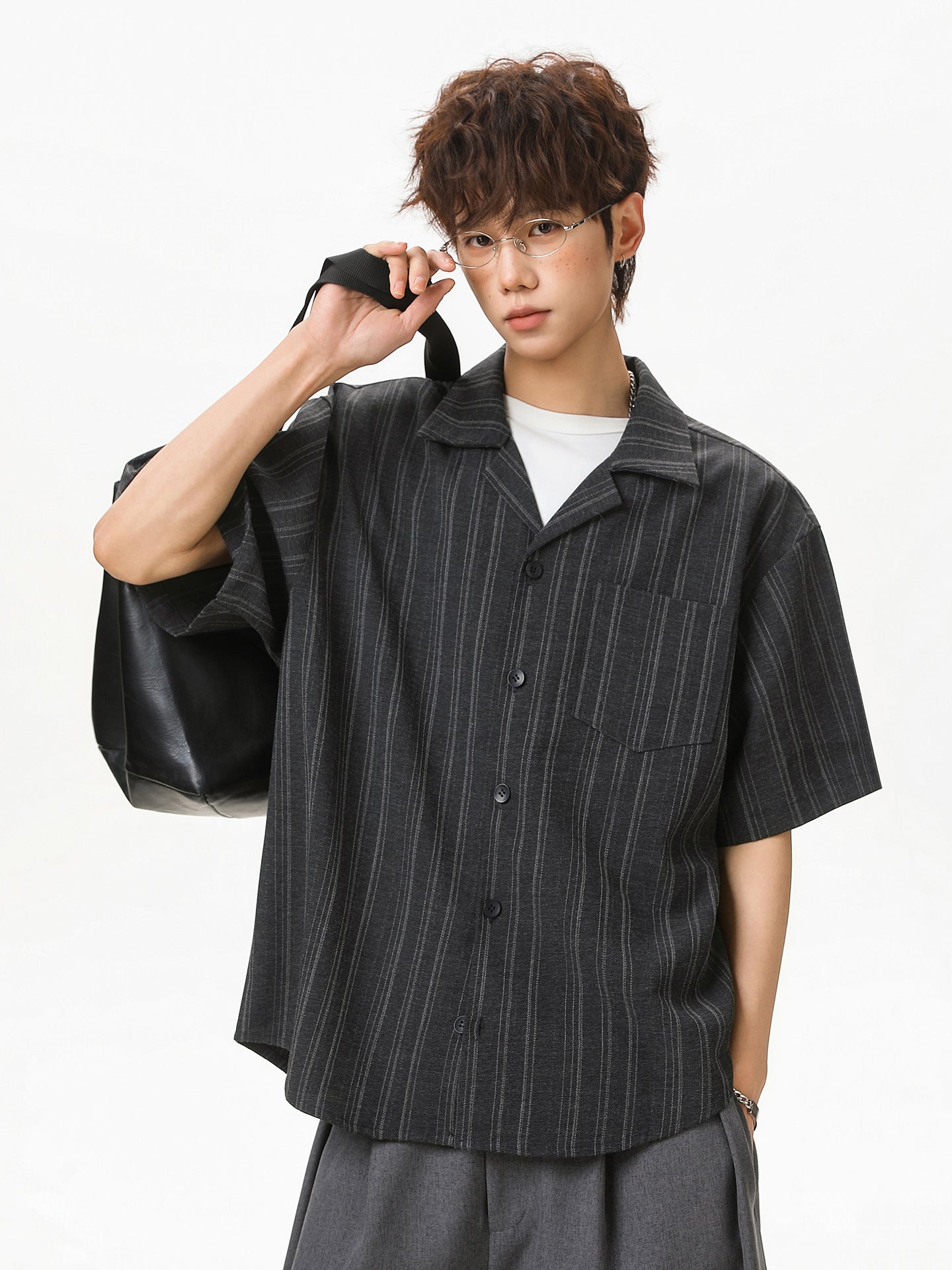 KZZ Men's Loose-Fit Striped Collared Shirt