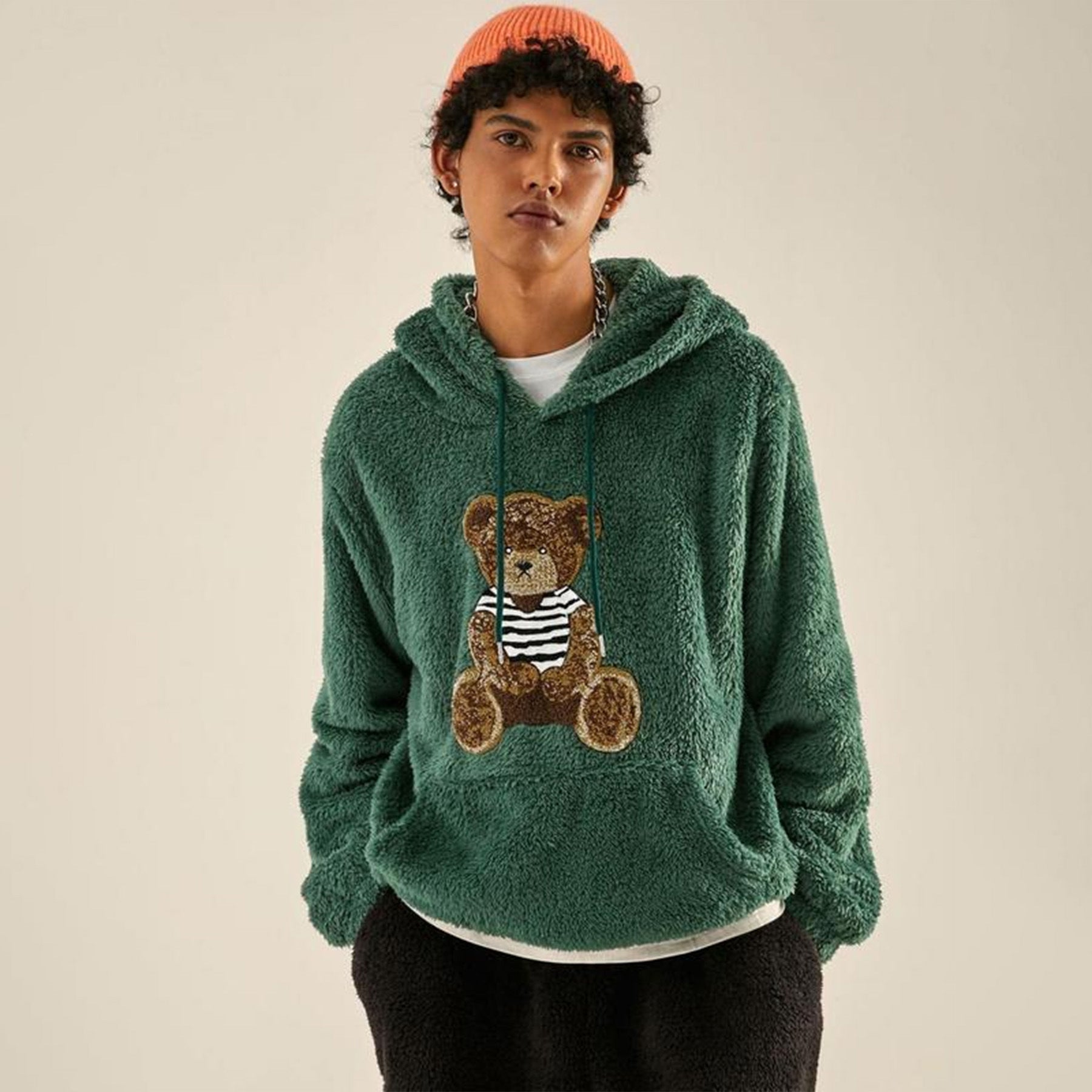 KZZ Men's Cartoon Bear Embroidered Drawstring Plush Hoodie, Casual Pocket Sweatshirt
