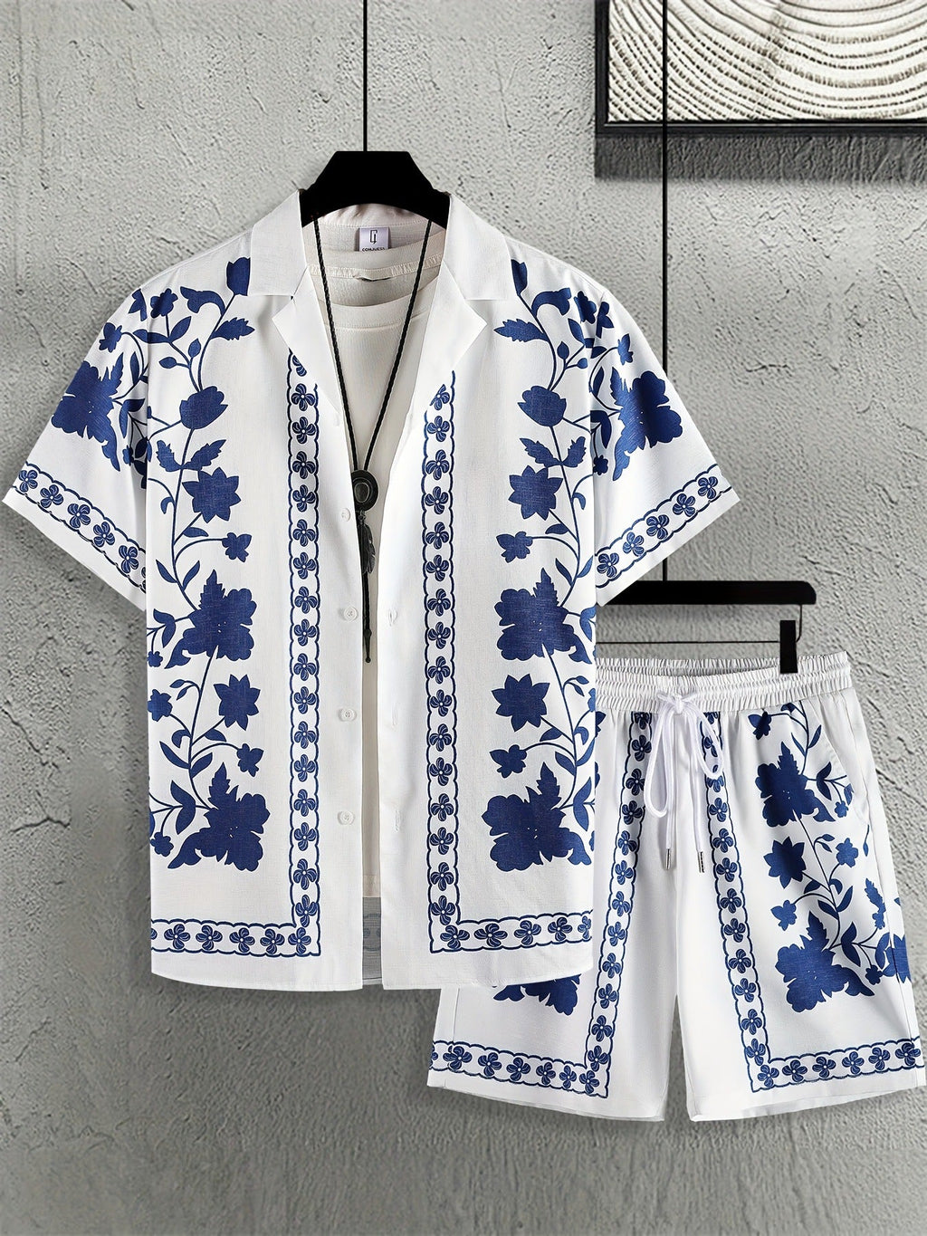 KZZ Men's ethnic-style patterned button-down shirt and shorts loungewear two-piece set