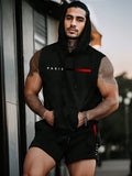 KZZ Two-Piece Set Men's Letter Print Hooded Vest & Drawstring Waist Shorts Set