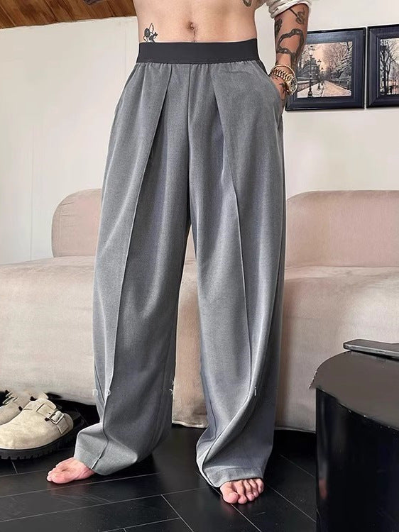 KZZ Men's Solid-Color Pleated Loose-Fit Wide-Leg Dress Trousers