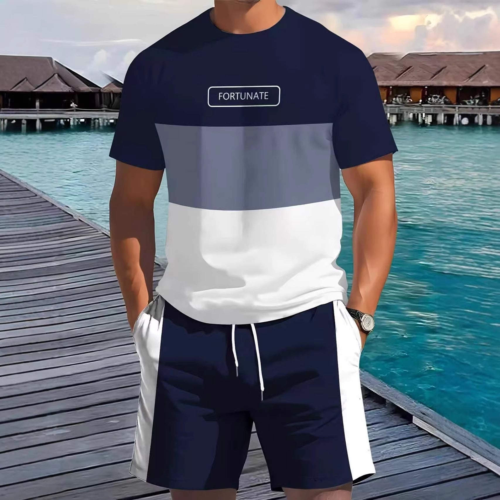 KZZ Men's Summer Color-Block Short-Sleeve T-Shirt and Athletic Shorts Set