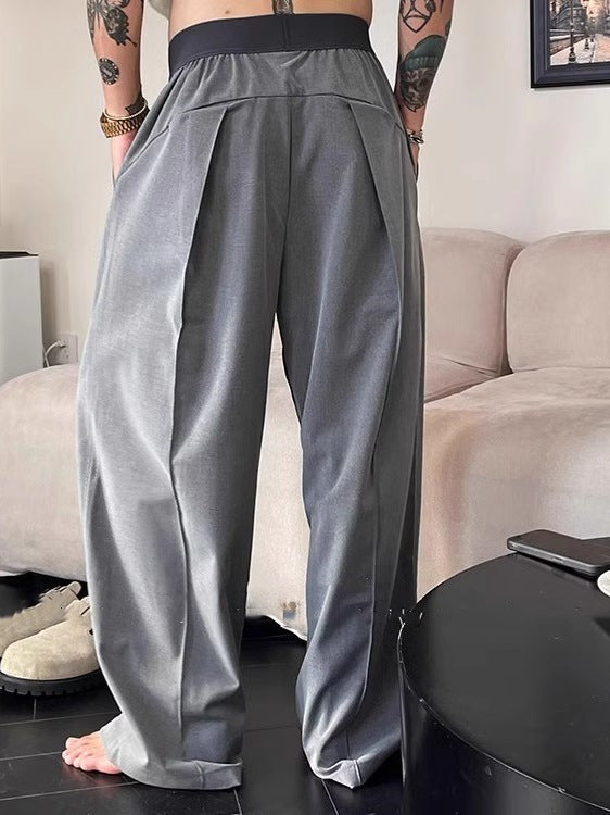 KZZ Men's Solid-Color Pleated Loose-Fit Wide-Leg Dress Trousers