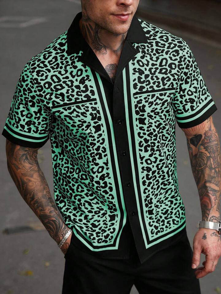 KZZ Men's Casual Short-Sleeve Shirt with Leopard Print Color-Blocking and Spread Collar