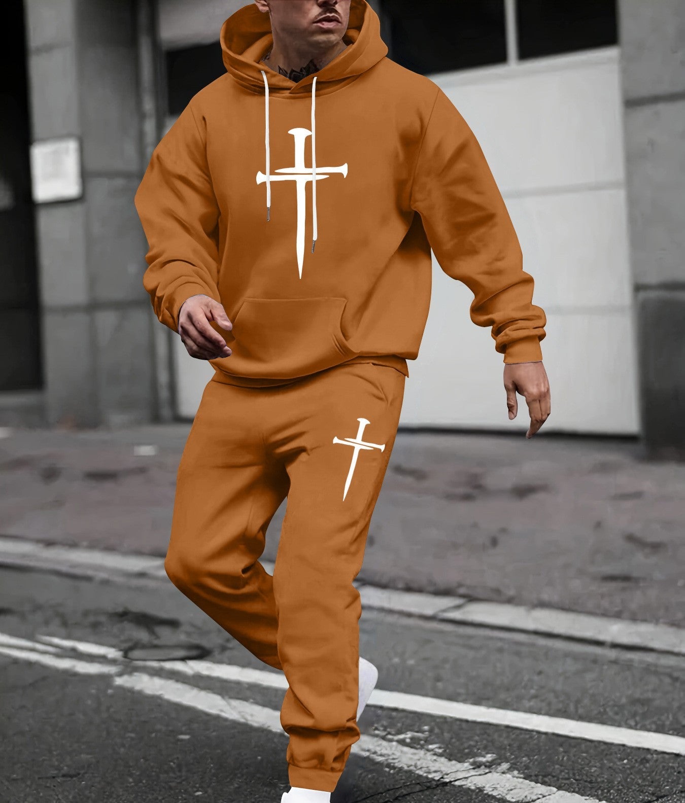 KZZ Men's  Printed Hoodie and Drawstring Sweatpants Set