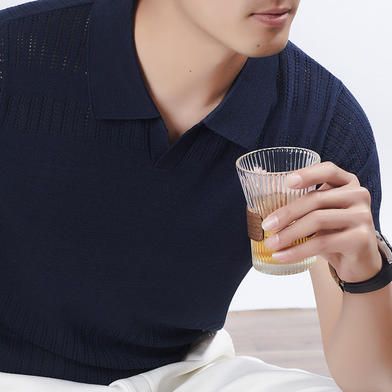 KZZ Summer Solid-Color V-Neck Short-Sleeve Polo Shirt