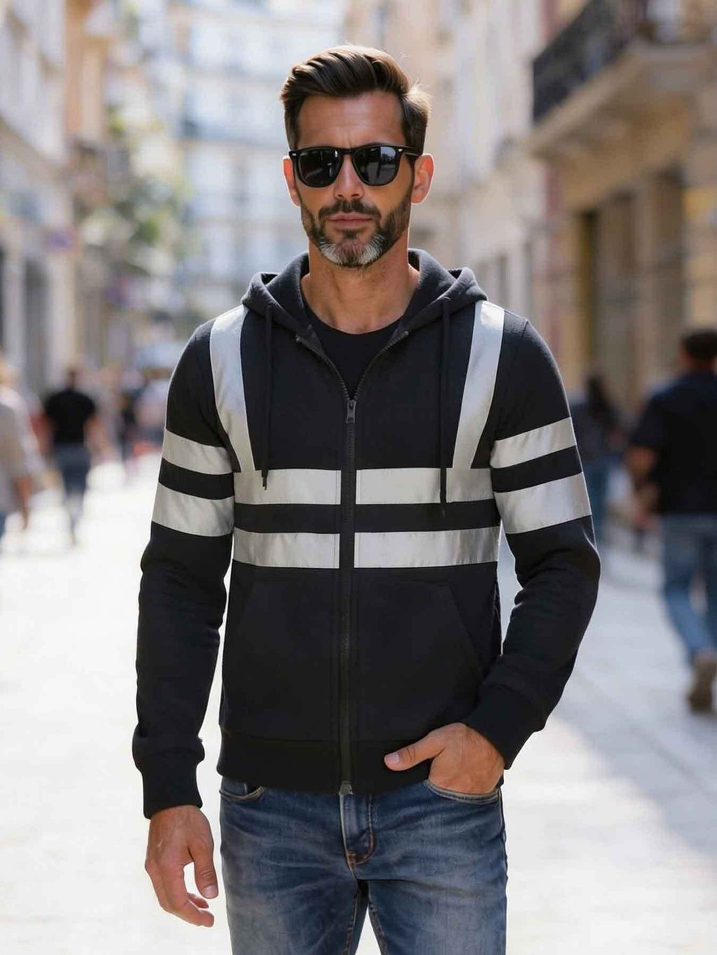 KZZ Men's Fleece-Lined Hoodie with Reflective Zipper