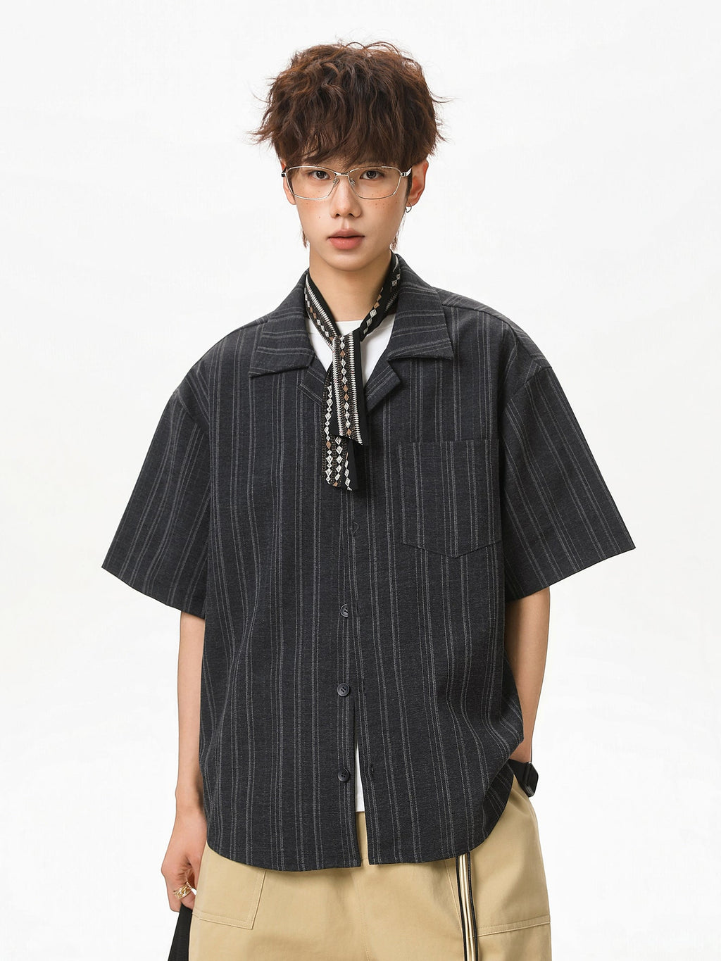 KZZ Men's Loose-Fit Striped Collared Shirt