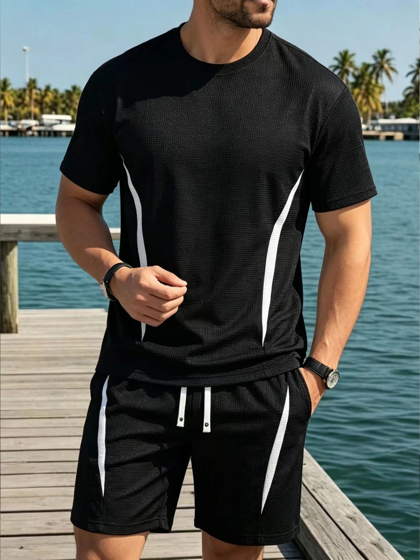 KZZ Men's Summer Waffle-Knit Athleisure Set