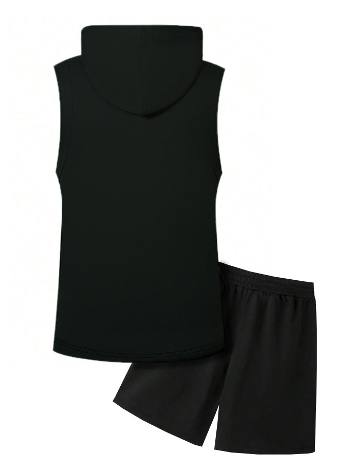 KZZ Two-Piece Set Men's Letter Print Hooded Vest & Drawstring Waist Shorts Set