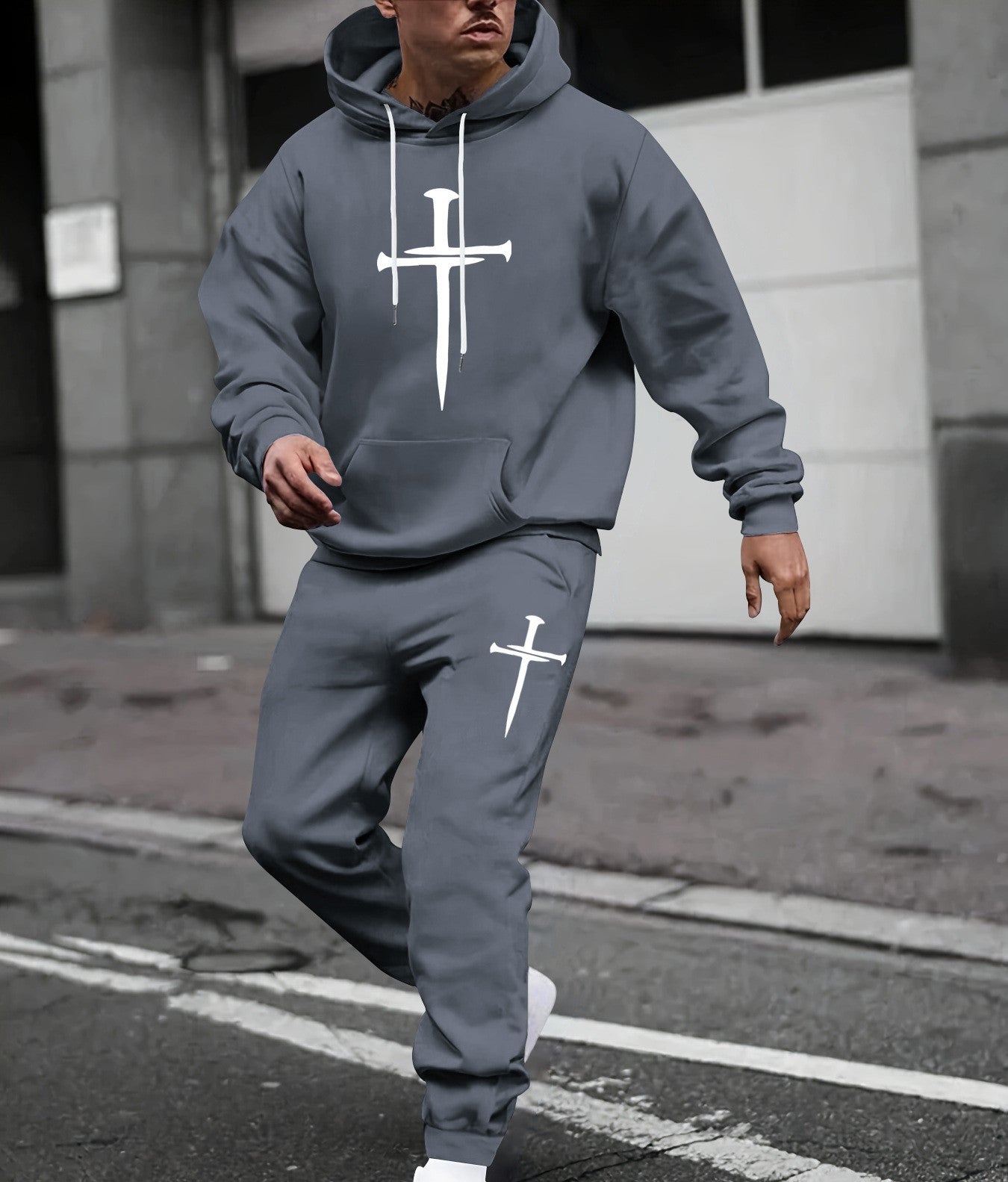 KZZ Men's  Printed Hoodie and Drawstring Sweatpants Set