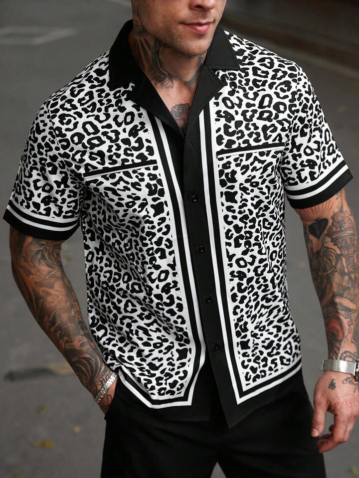 KZZ Men's Casual Short-Sleeve Shirt with Leopard Print Color-Blocking and Spread Collar