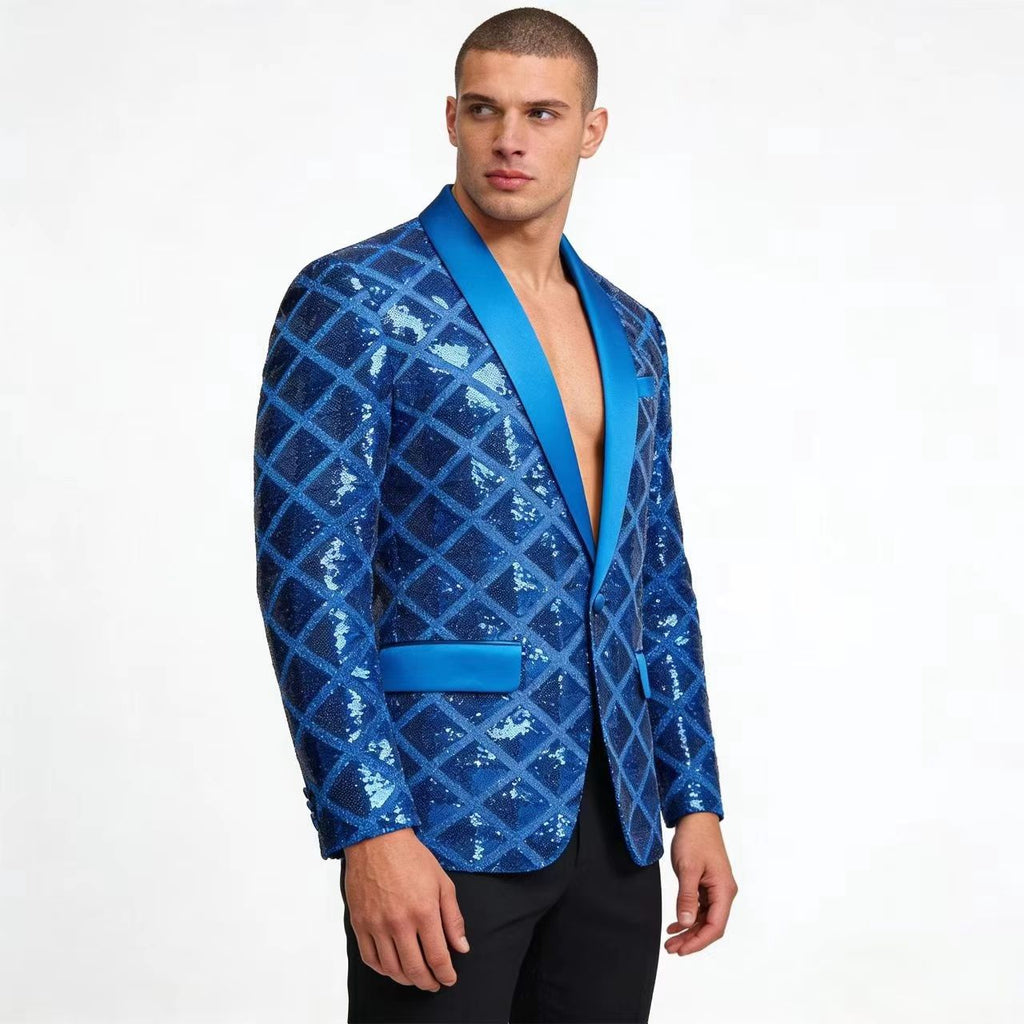 KZZ Men's Solid-Color Slim-Fit Sequin Blazer