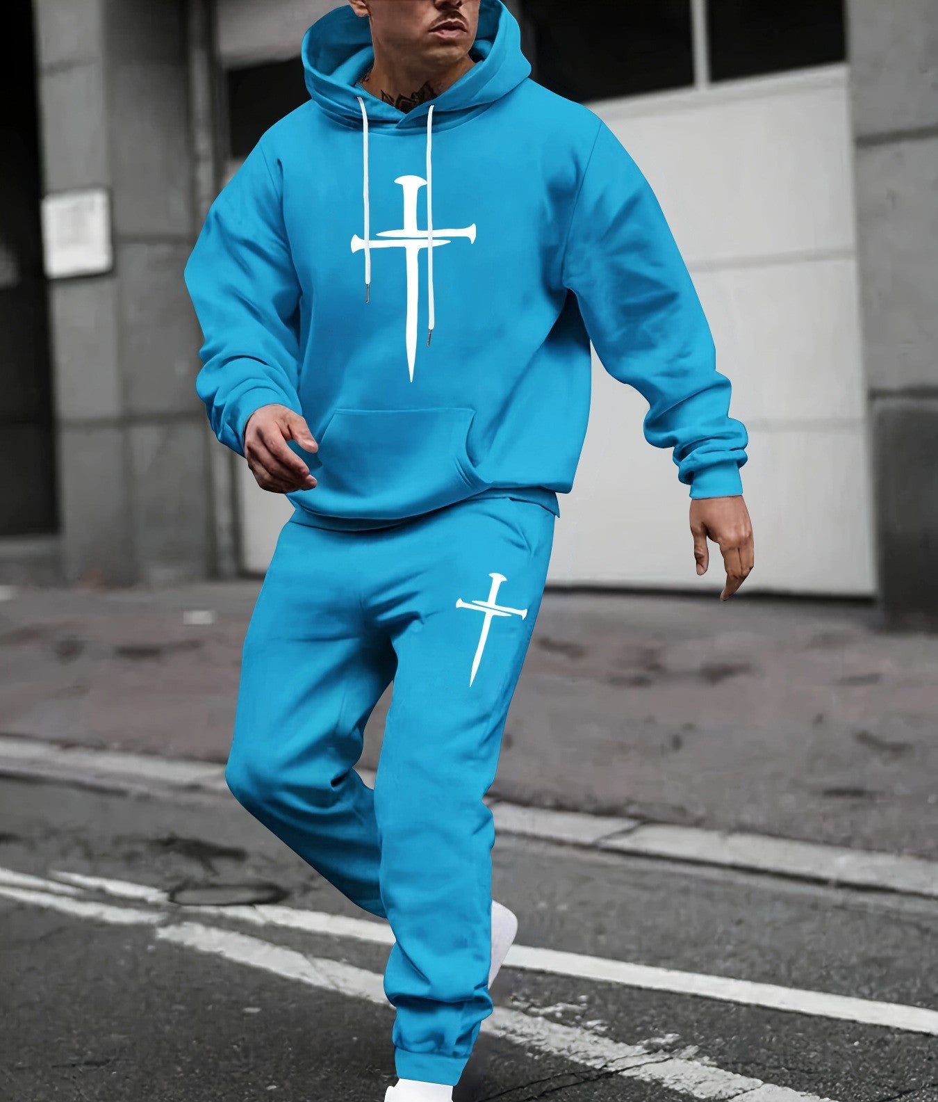 KZZ Men's  Printed Hoodie and Drawstring Sweatpants Set