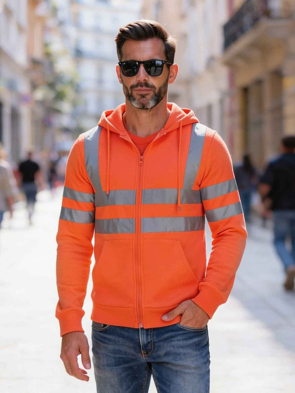 KZZ Men's Fleece-Lined Hoodie with Reflective Zipper