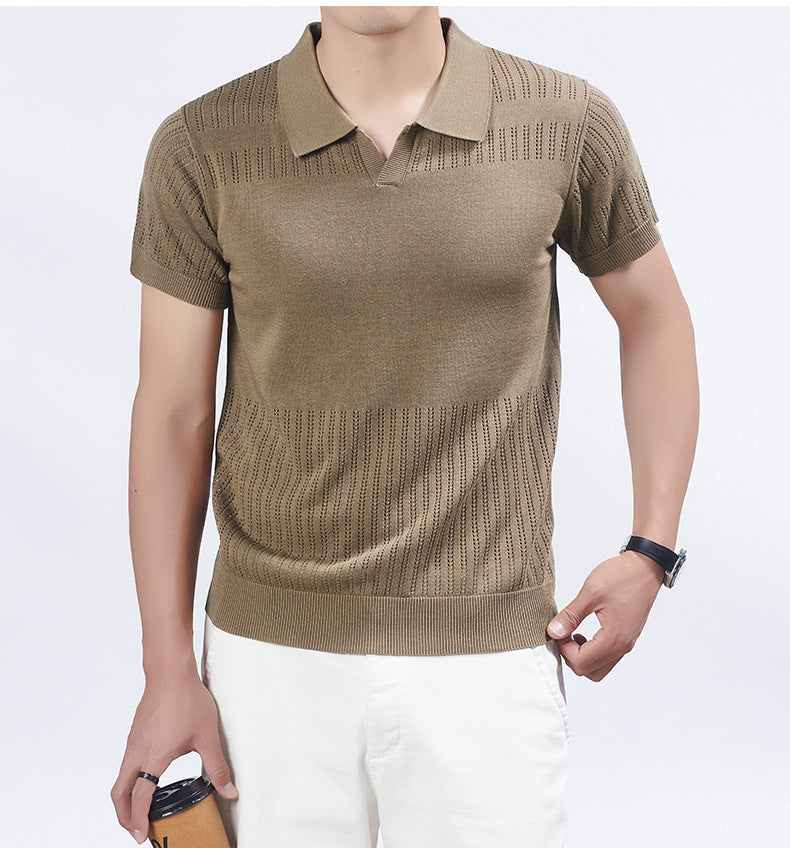 KZZ Summer Solid-Color V-Neck Short-Sleeve Polo Shirt