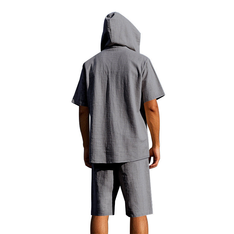 KZZ Men's Linen Hooded Two-Piece Set