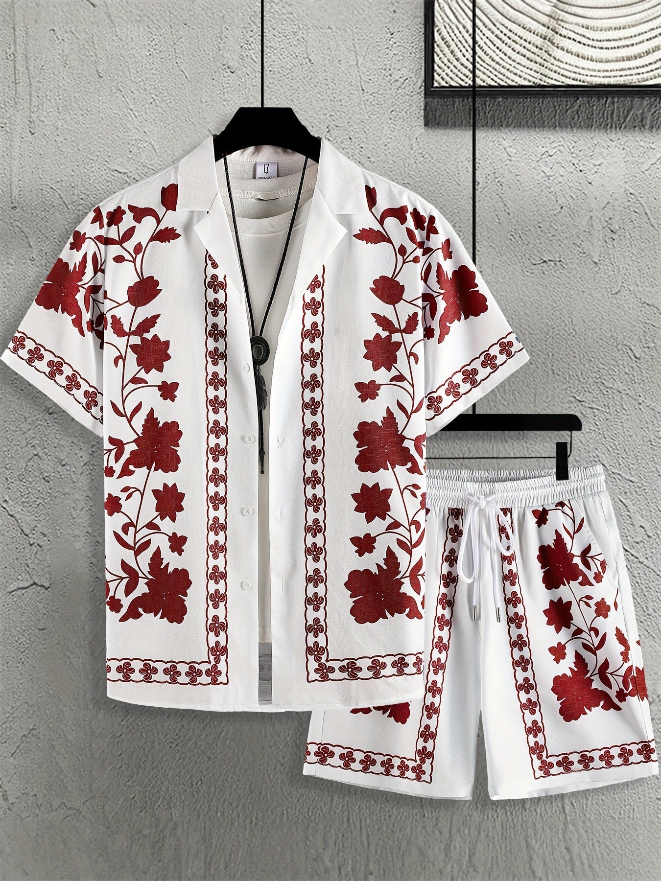 KZZ Men's ethnic-style patterned button-down shirt and shorts loungewear two-piece set