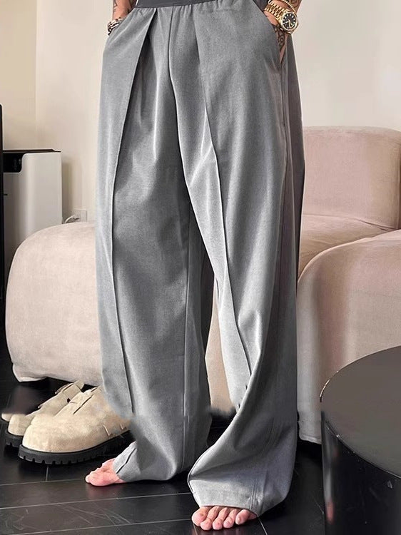 KZZ Men's Solid-Color Pleated Loose-Fit Wide-Leg Dress Trousers