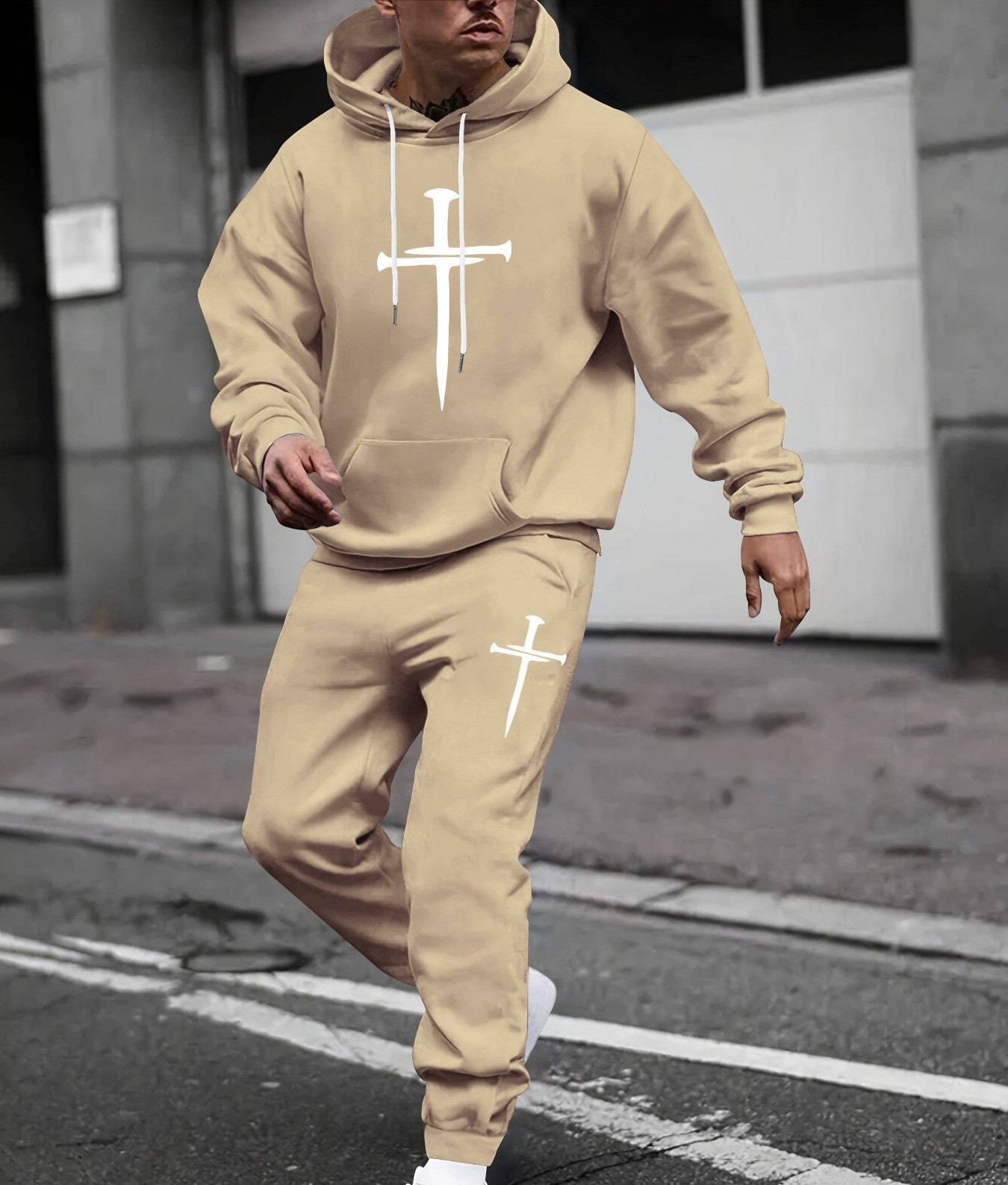 KZZ Men's  Printed Hoodie and Drawstring Sweatpants Set