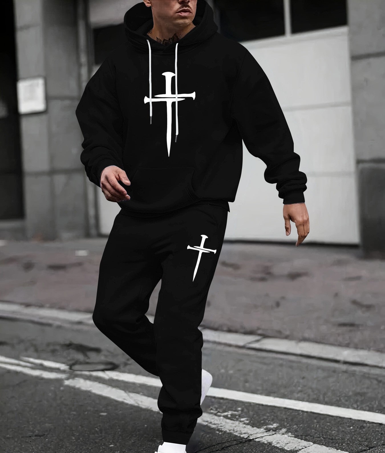KZZ Men's  Printed Hoodie and Drawstring Sweatpants Set