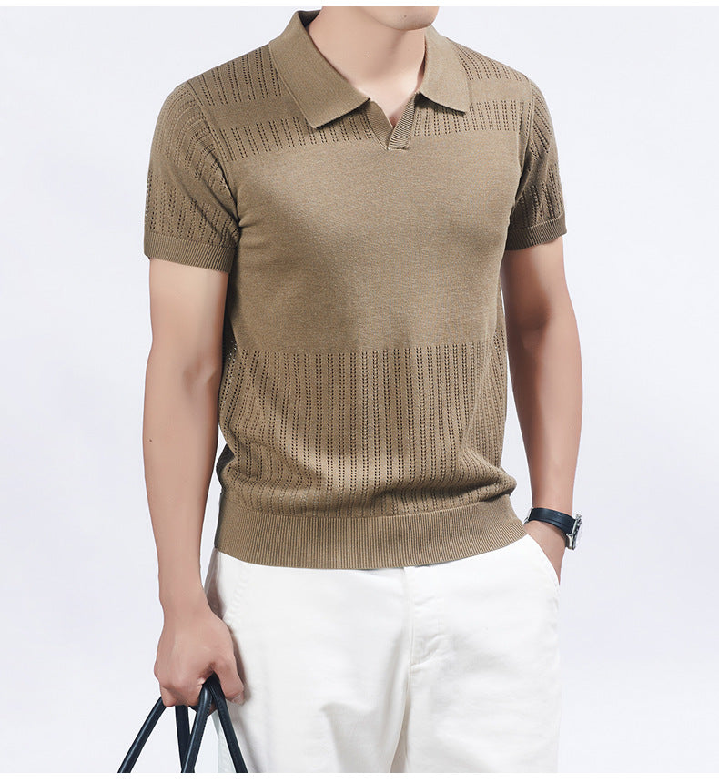 KZZ Summer Solid-Color V-Neck Short-Sleeve Polo Shirt