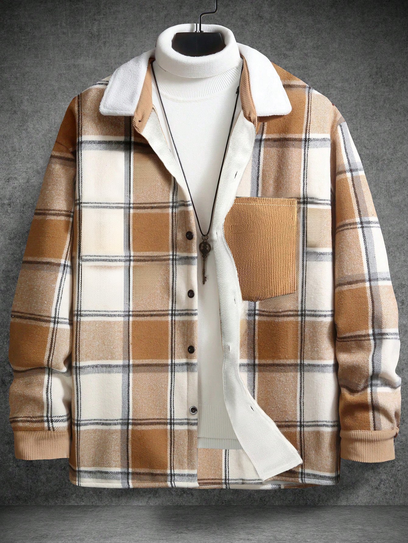 KZZ Men's Plaid Fleece Lined Shirt Jacket Colorblock Pattern