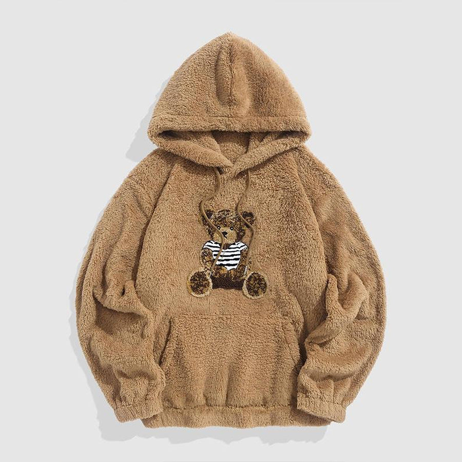KZZ Men's Cartoon Bear Embroidered Drawstring Plush Hoodie, Casual Pocket Sweatshirt