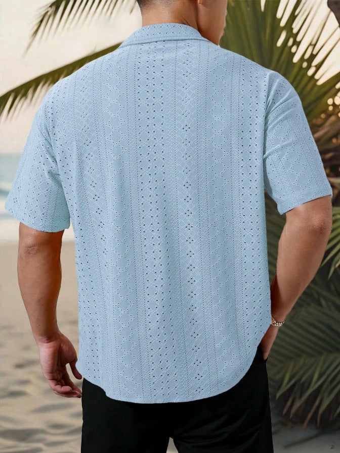 KZZ Men's short-sleeved versatile shirt with openwork jacquard pattern
