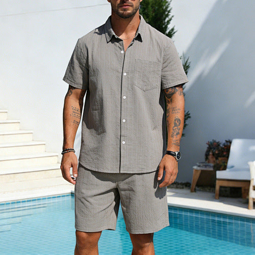 KZZ Men's Summer Striped Linen Shirt and Straight-Leg Shorts Set