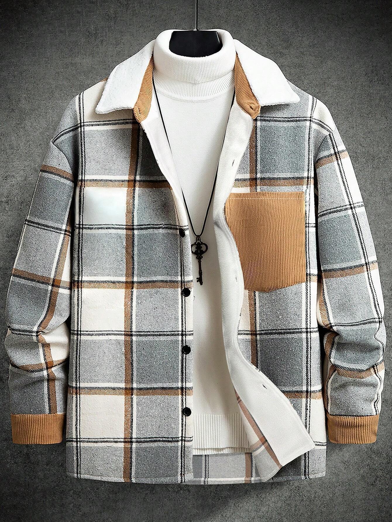 KZZ Men's Plaid Fleece Lined Shirt Jacket Colorblock Pattern