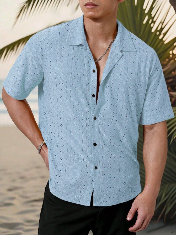 KZZ Men's short-sleeved versatile shirt with openwork jacquard pattern