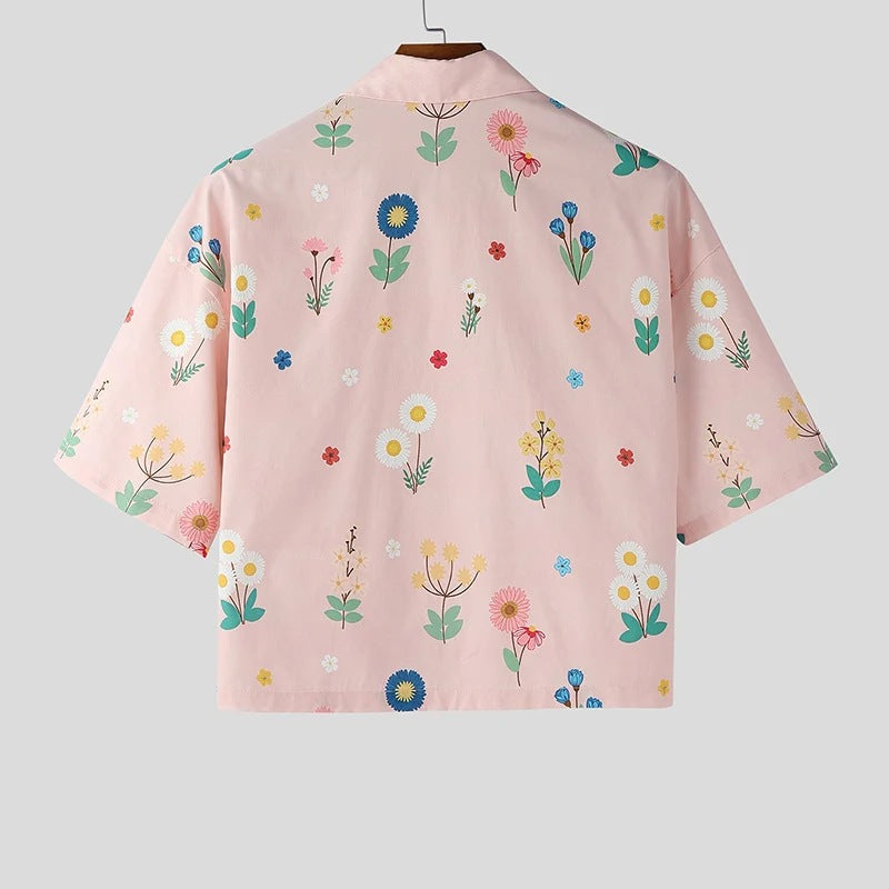KZZ Men's Short-Sleeve Casual Floral Shirt