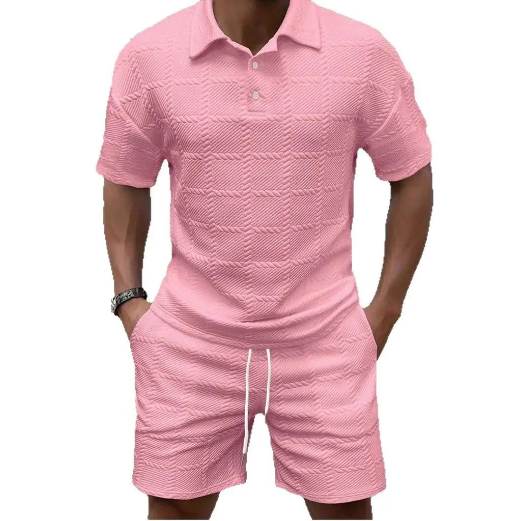 KZZ Men's Summer Solid-Color Stylish Casual Short-Sleeve Set