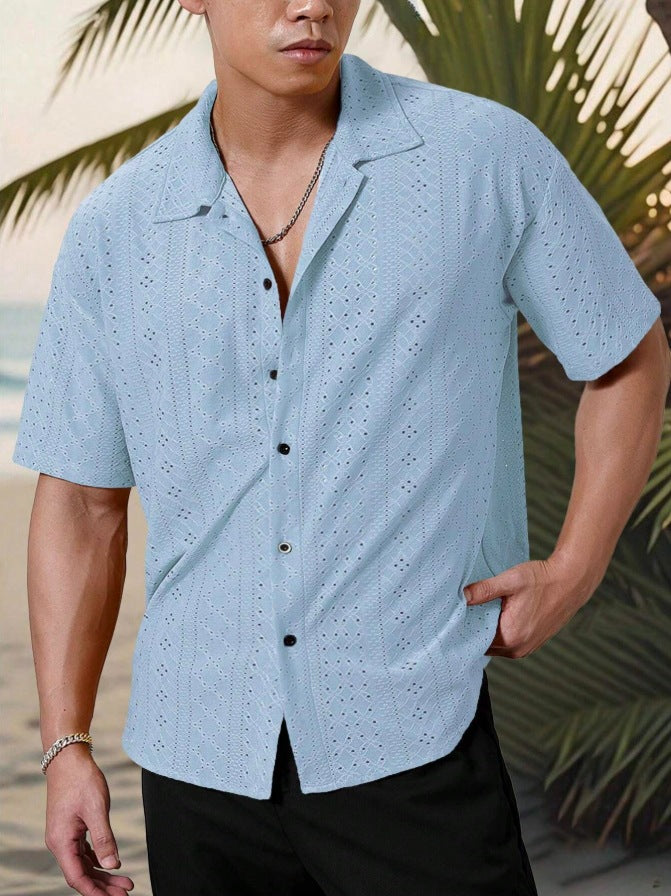 KZZ Men's short-sleeved versatile shirt with openwork jacquard pattern