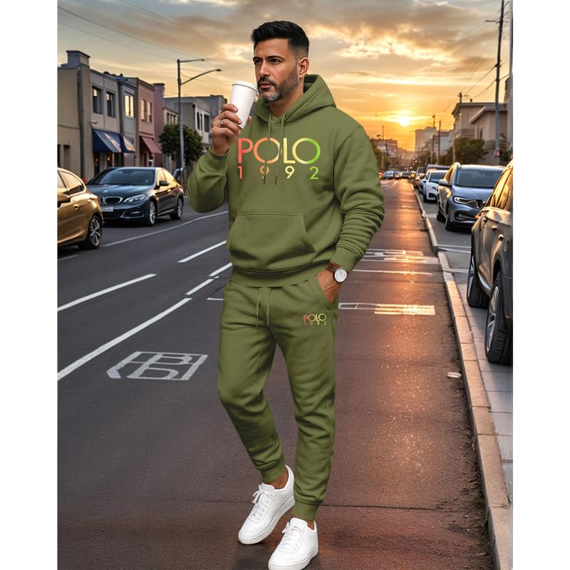 KZZ Men's Polo Pattern Print Hoodie and Drawstring Sweatpants Set