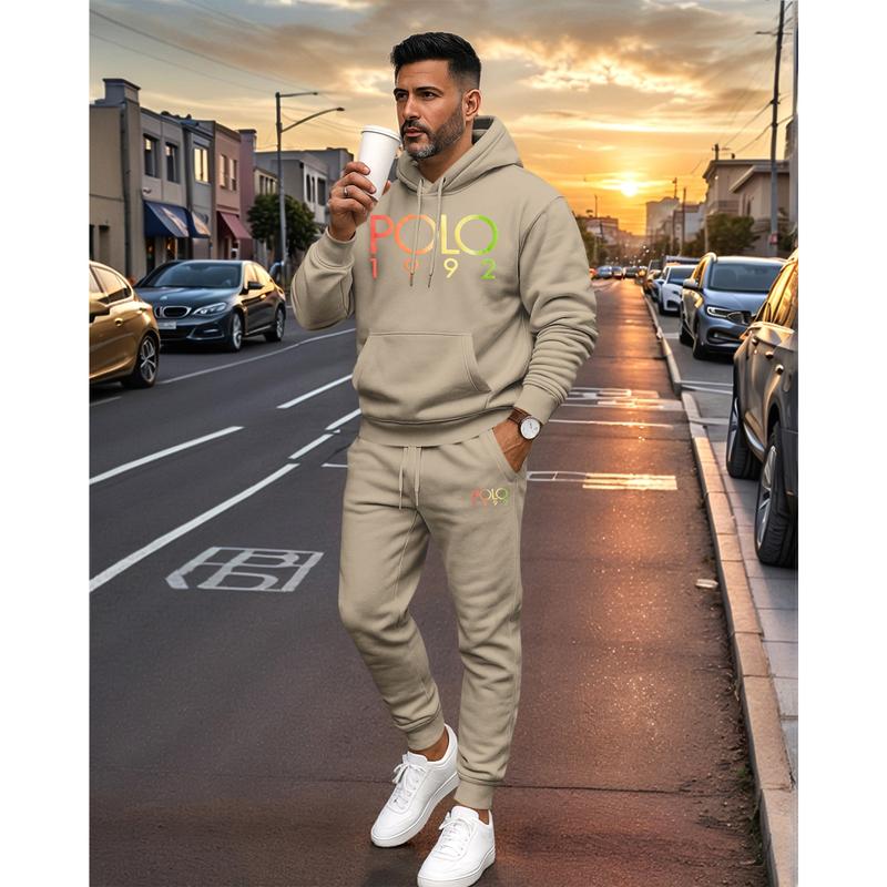 KZZ Men's Polo Pattern Print Hoodie and Drawstring Sweatpants Set