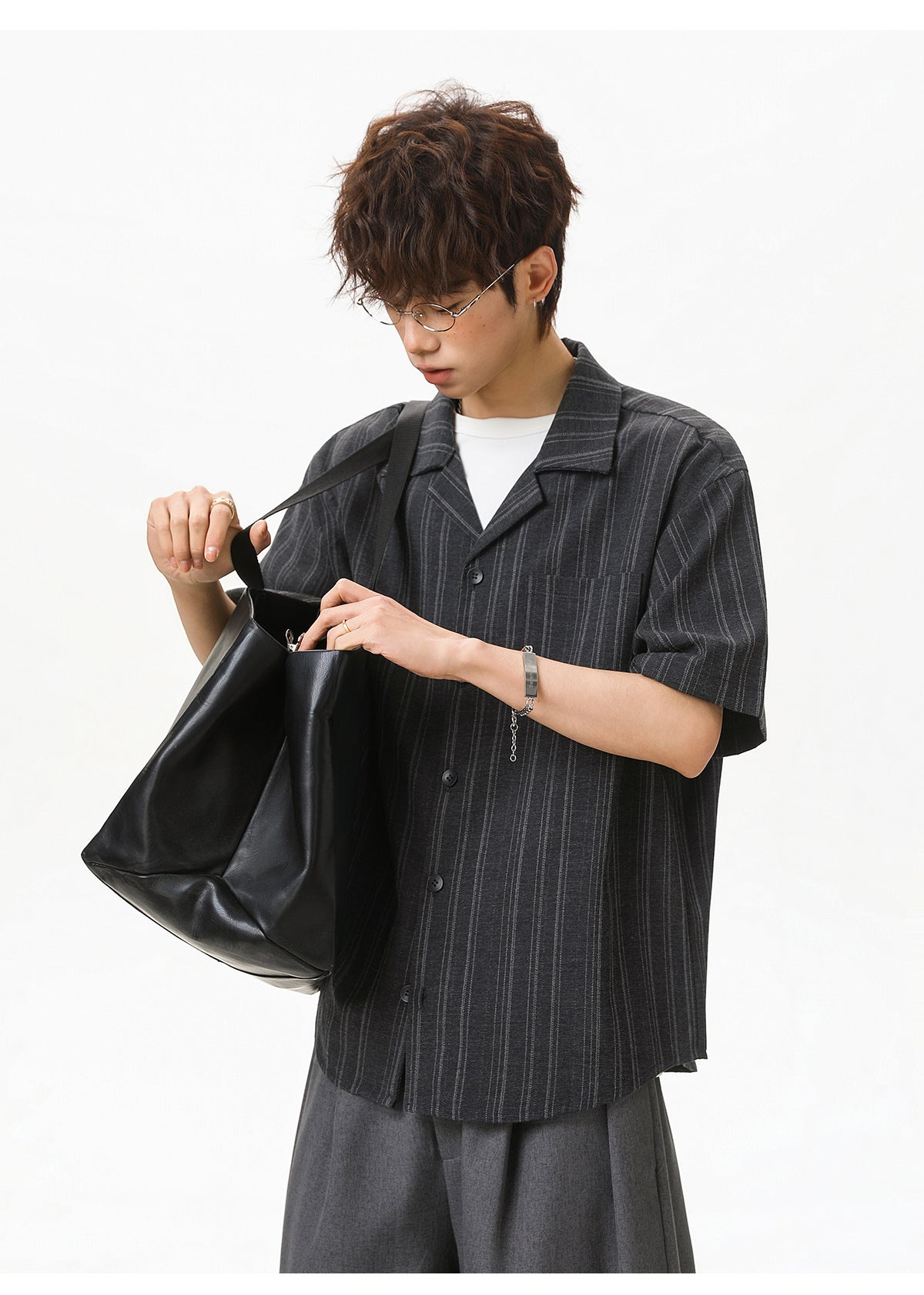 KZZ Men's Loose-Fit Striped Collared Shirt
