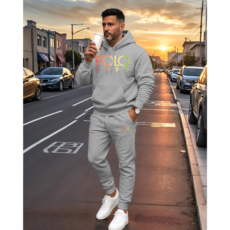 KZZ Men's Polo Pattern Print Hoodie and Drawstring Sweatpants Set