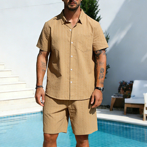 KZZ Men's Summer Striped Linen Shirt and Straight-Leg Shorts Set