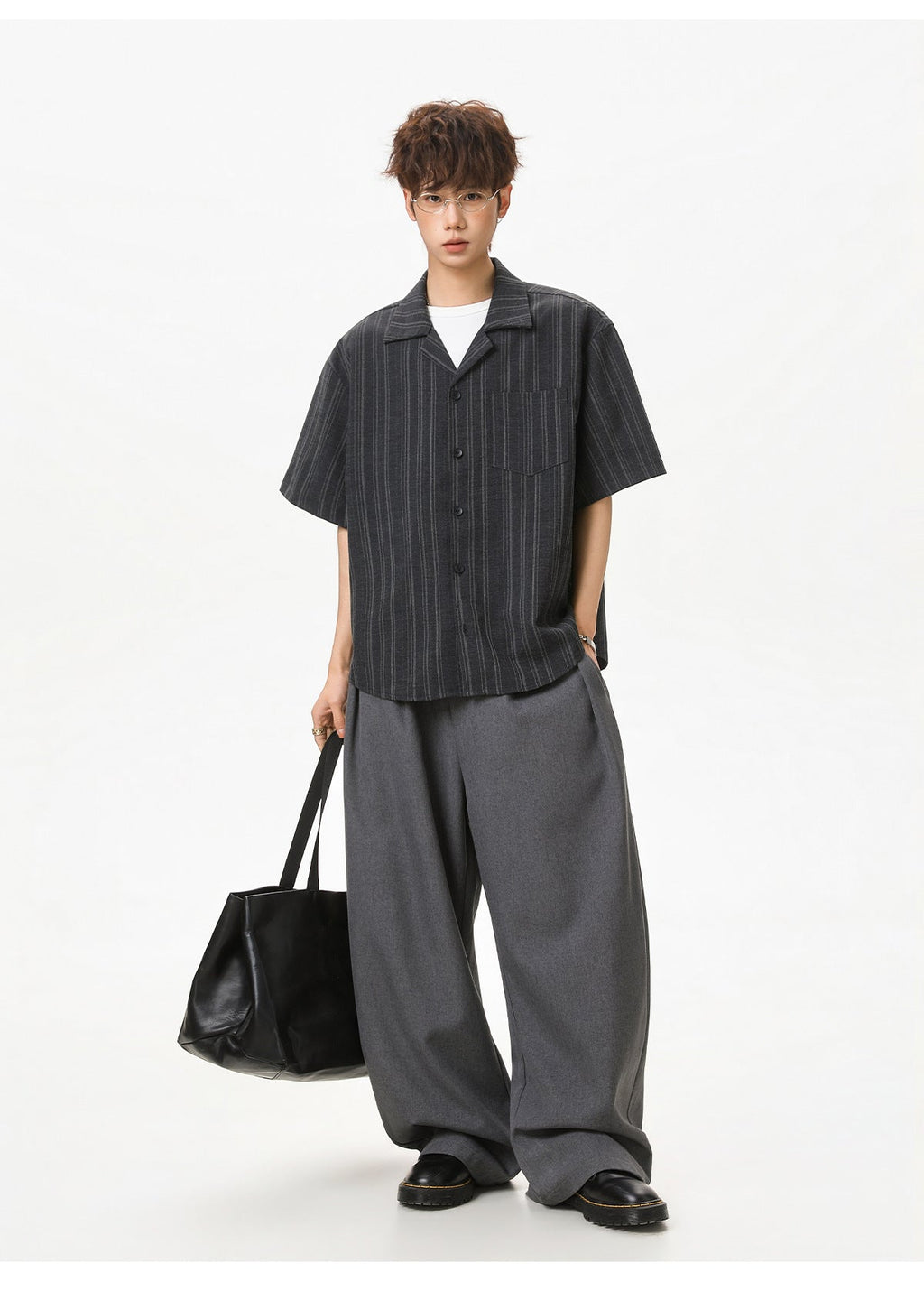 KZZ Men's Loose-Fit Striped Collared Shirt