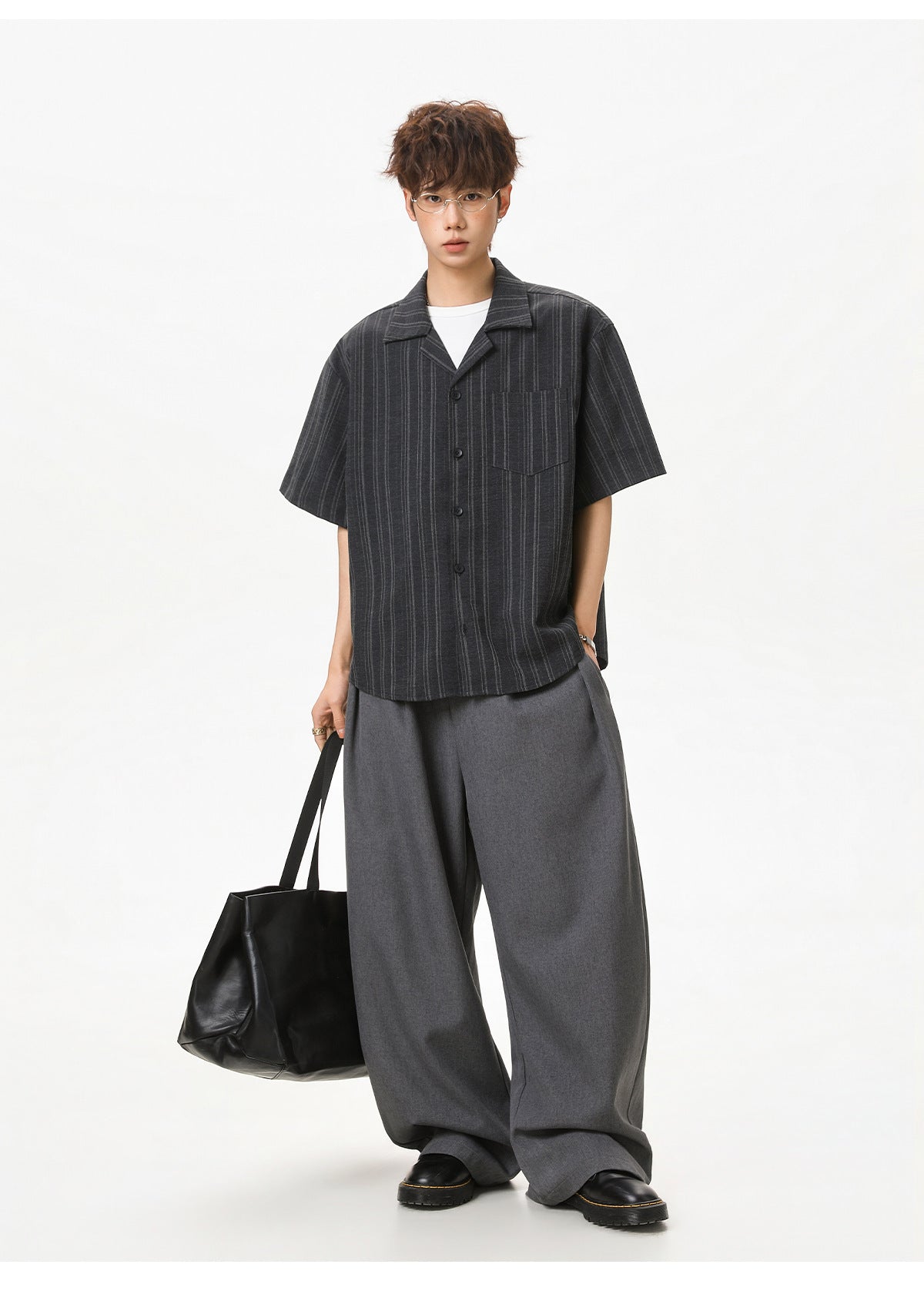 KZZ Men's Loose-Fit Striped Collared Shirt