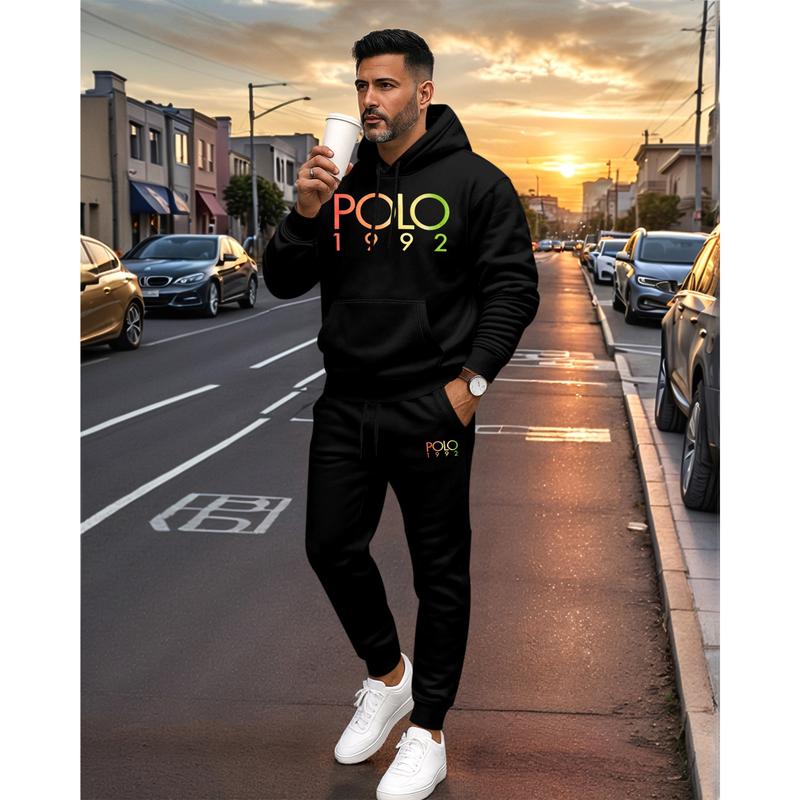KZZ Men's Polo Pattern Print Hoodie and Drawstring Sweatpants Set