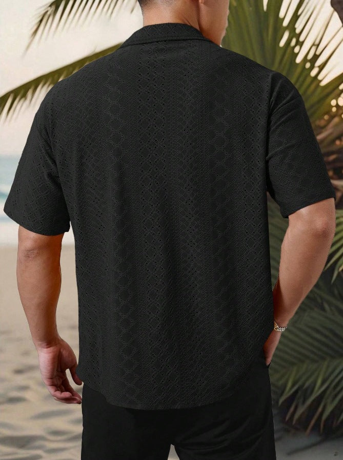 KZZ Men's short-sleeved versatile shirt with openwork jacquard pattern